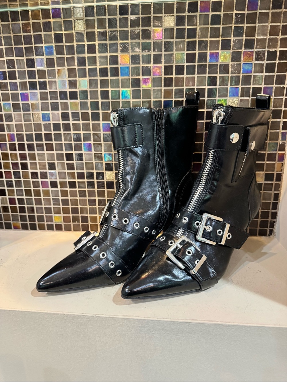 Wild Pair Black Pointed Lace-Up Buckle Ankle Boots - Picture 2 of 3